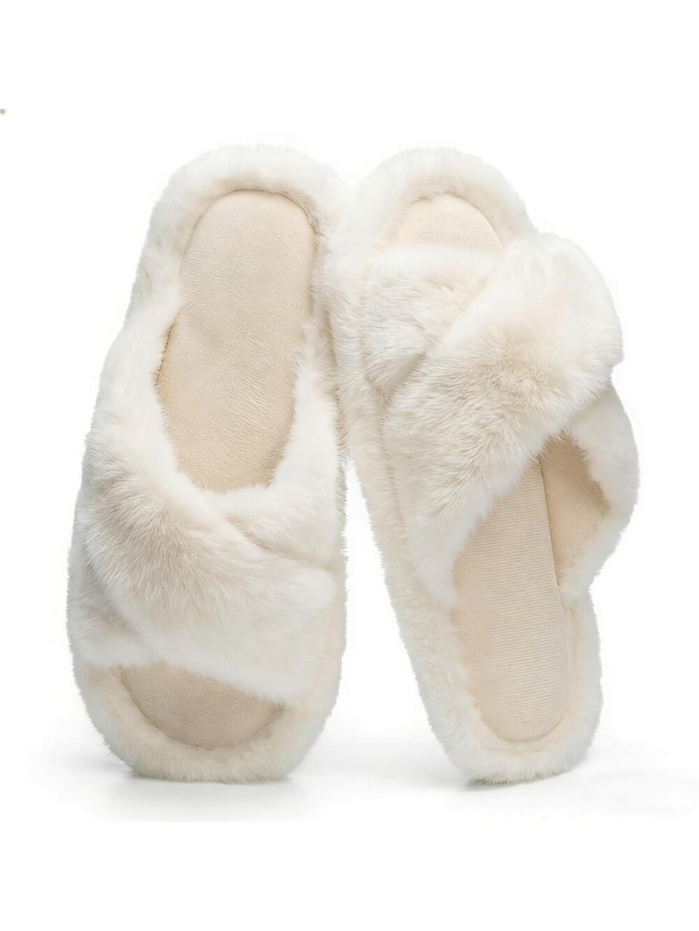 Women's Beige Open Toe Fuzzy Fur Cross Band Memory Foam Indoor Slippers